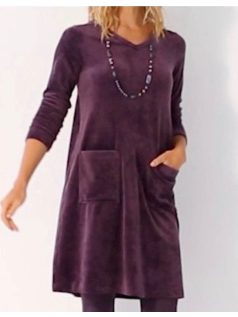 Purejill Velour Velvet Long Sleeve V Neck Dress Women Medium Cozy Minimalist
